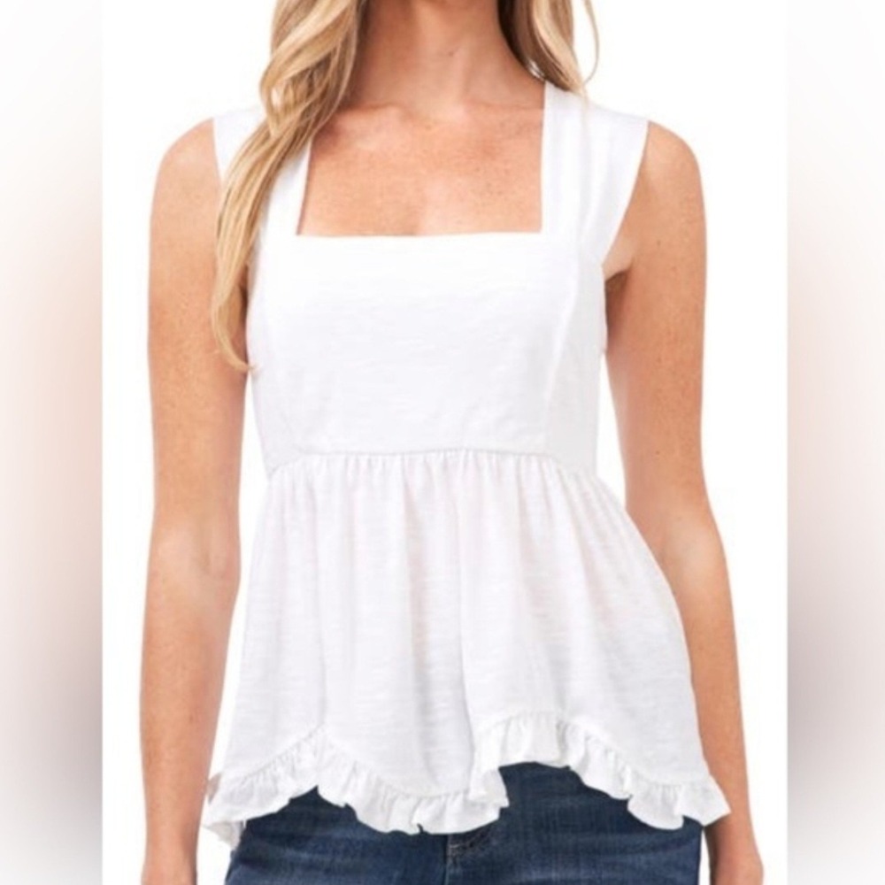 Cece Womens White Ruffle Hem Criss-Cross Babydoll Knit Top Blouse Size XL NWT